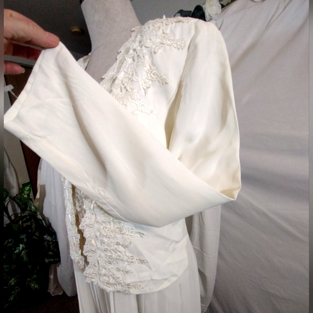 Midi Dress+Jacket, Vintage Open Crop, Long Sleeve, Ivory, Lace, Pleats, Straps,8 - Picture 14 of 16